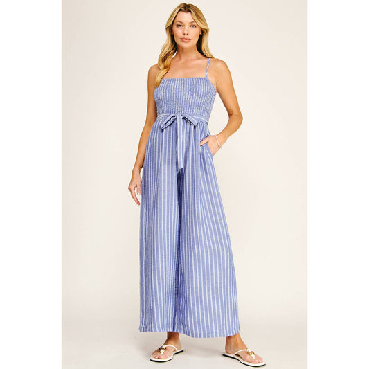 COASTAL STRIPE SMOCKED WIDE LEG JUMPSUIT