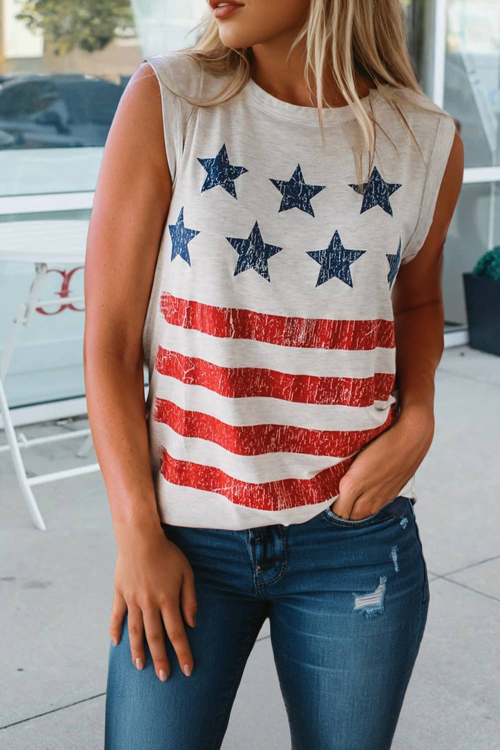 Vintage Stars and Stripes Printed Casual Tank Top