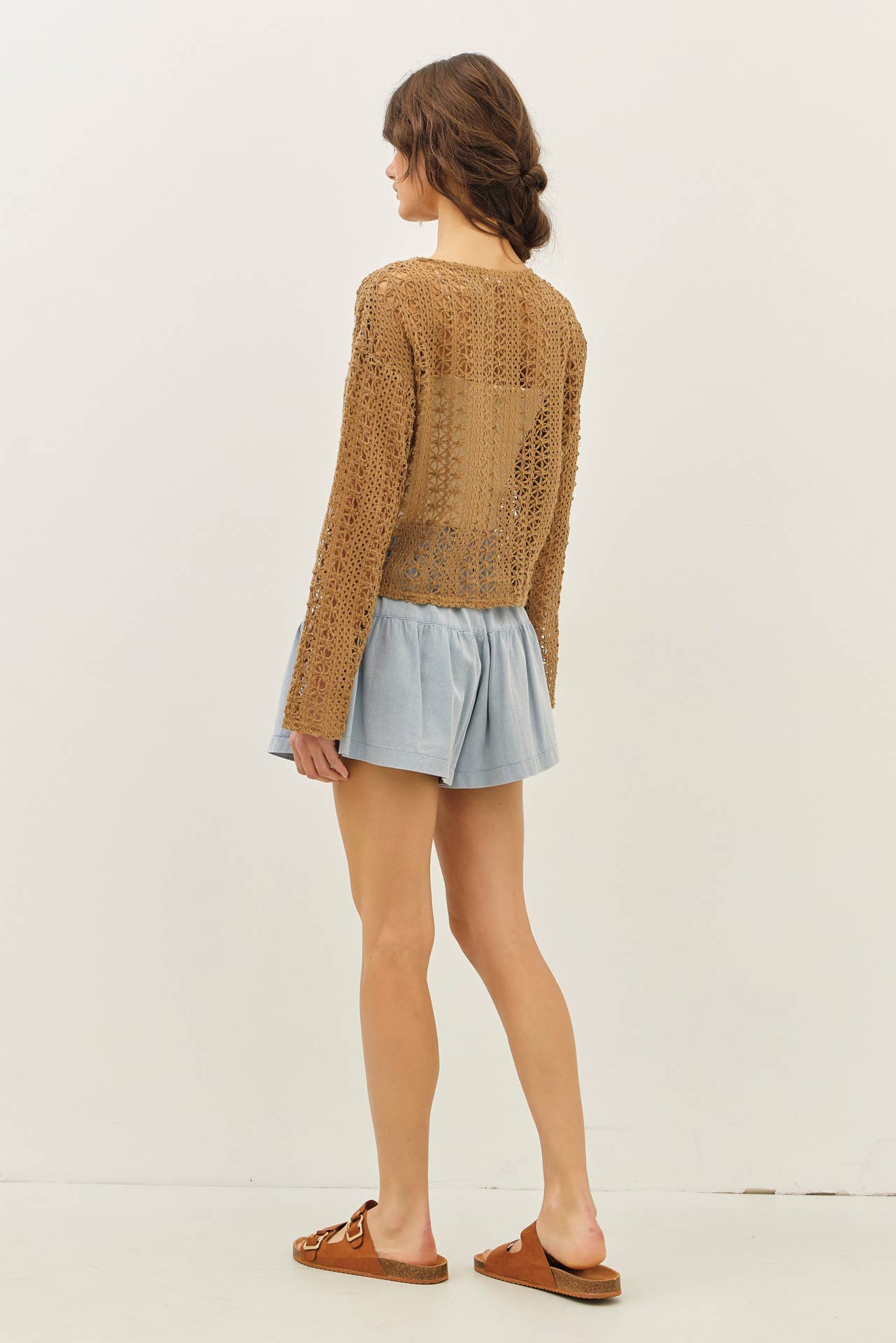 SHEER FLORAL CROCHET TOP WITH BELL SLEEVES