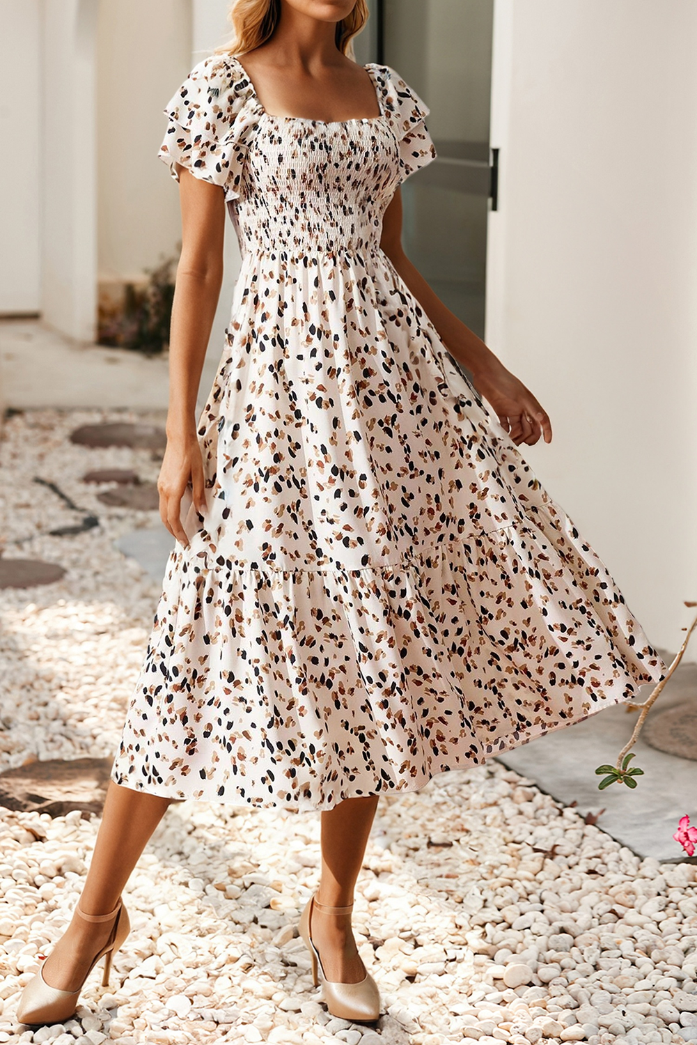 Floral Smocked Square Neck Ruffle Short Sleeve Dress