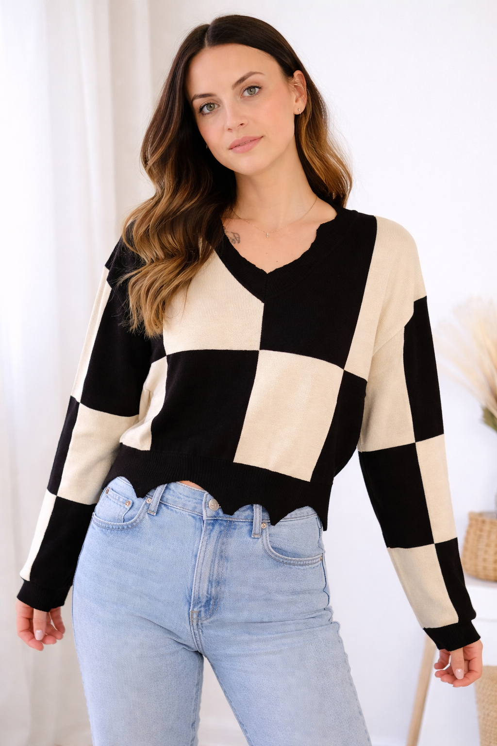 Black and Cream Color Block Sweater