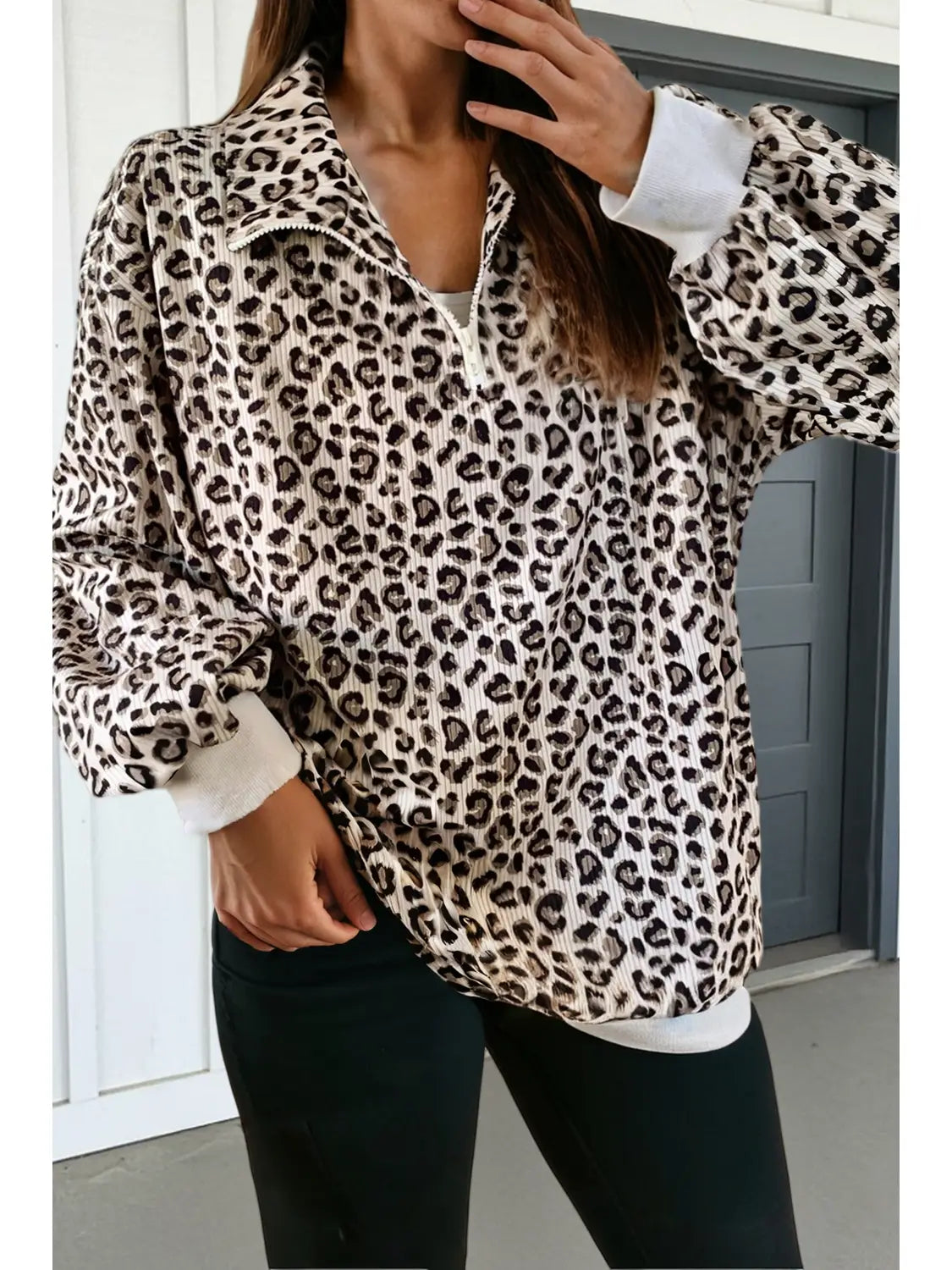 Leopard Print Quarter Zip Corduroy Sweatshirt