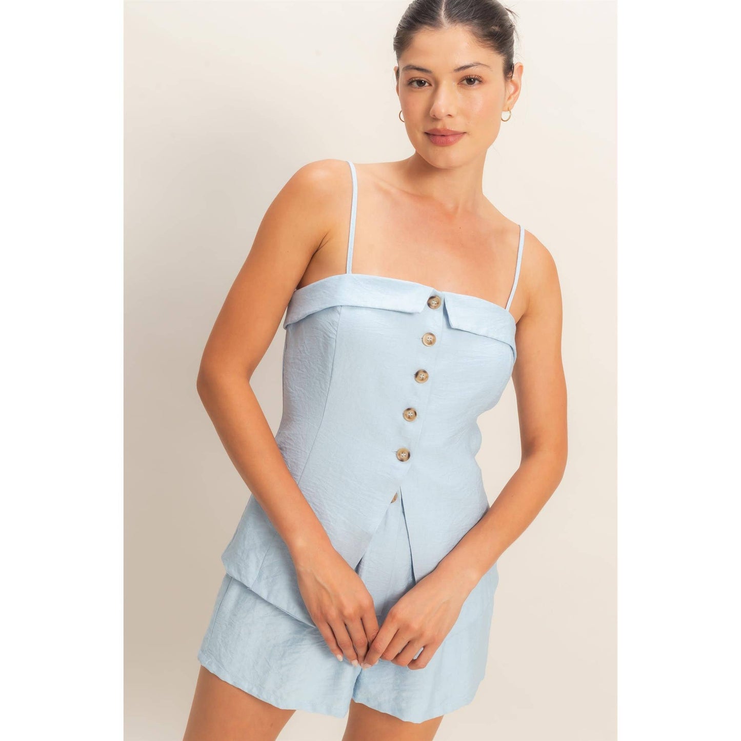 Strap Buttoned Top And Shorts Set