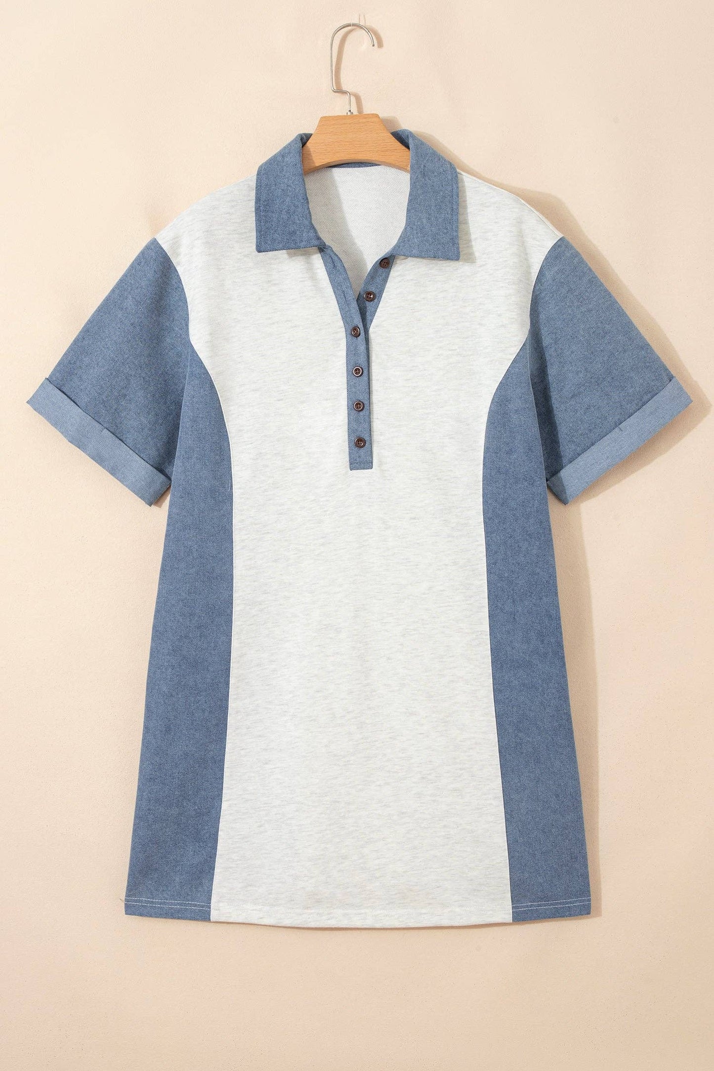 Light Grey Denim Color Block Button Polo Collar T Shirt Tunic Dress