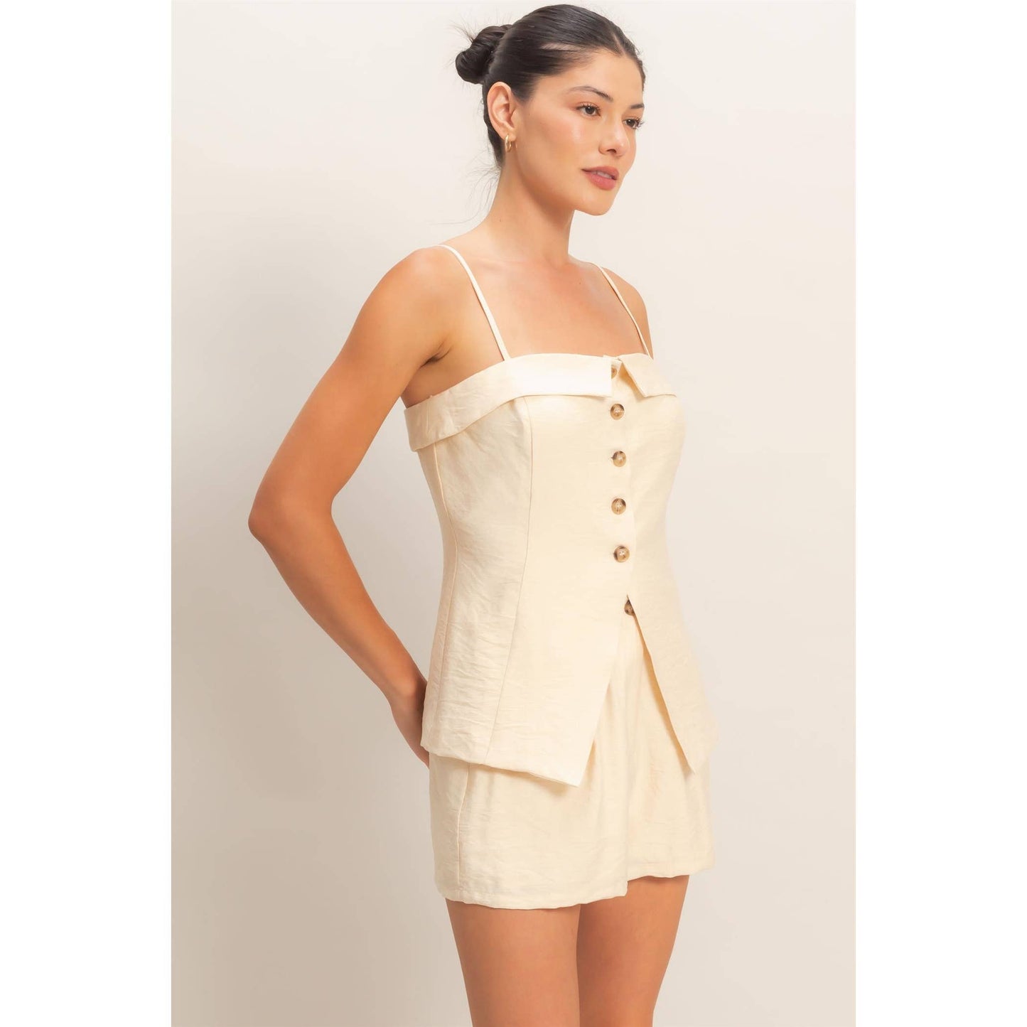 Strap Buttoned Top And Shorts Set