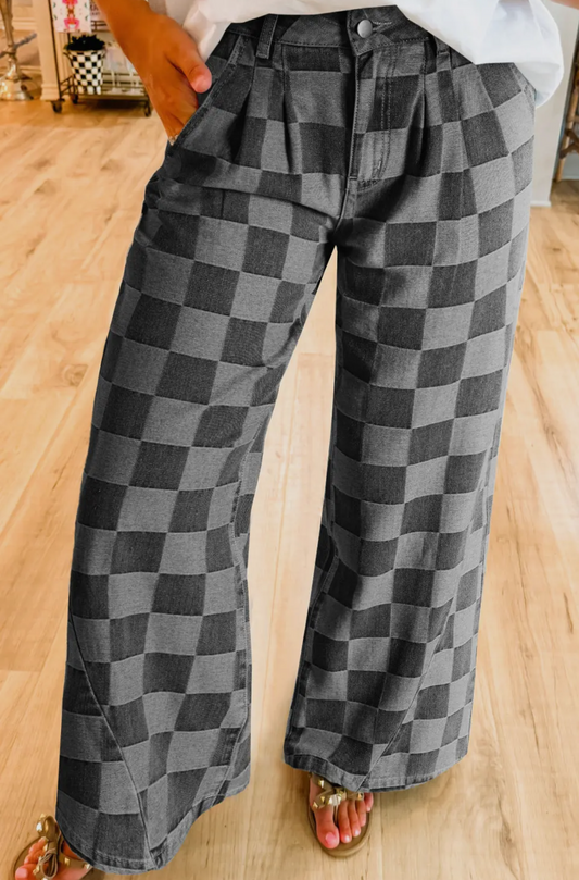 Solid Color Checkered Wide Leg Jeans