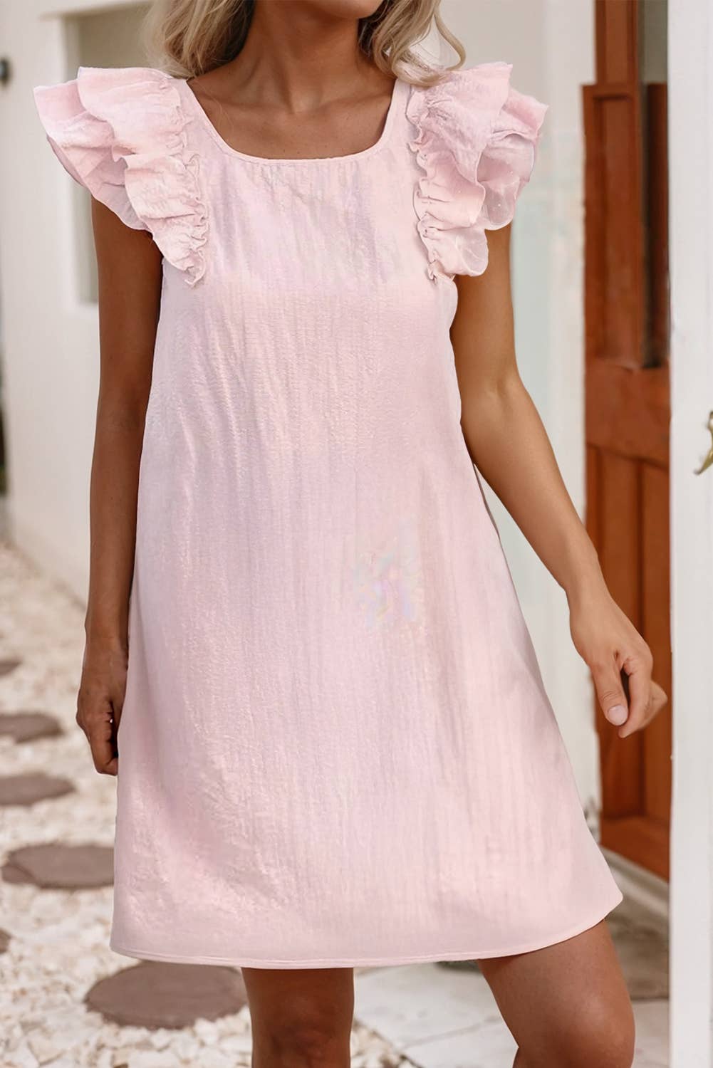 Textured Flutter Sleeve Square Neck Bow Back Mini Dress