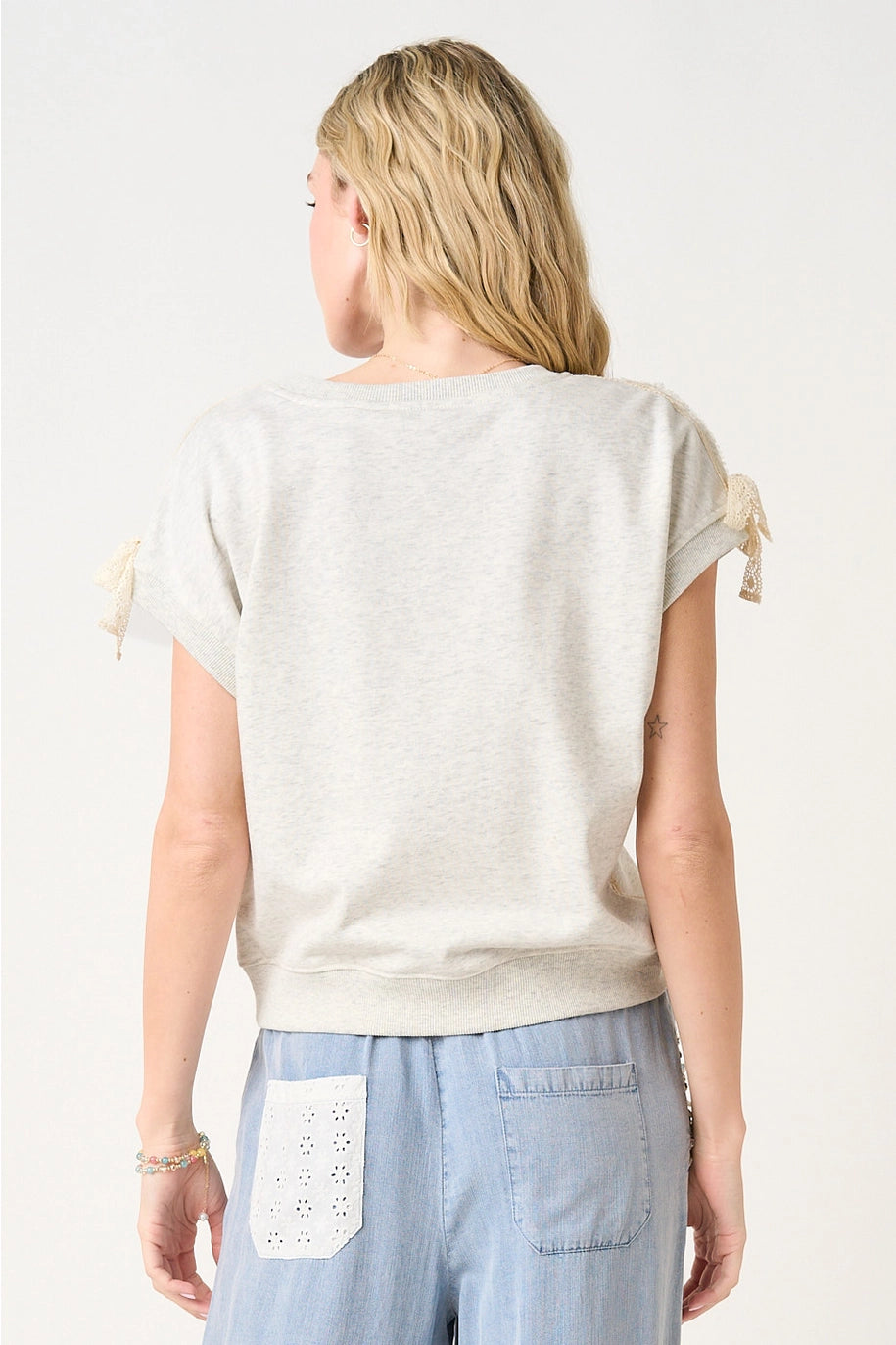 Lace Striped Bow Sleeveless Sweatshirt Top