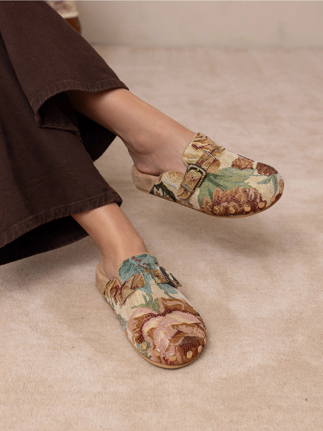 The Toni | Floral Tapestry Studded Buckle Clog