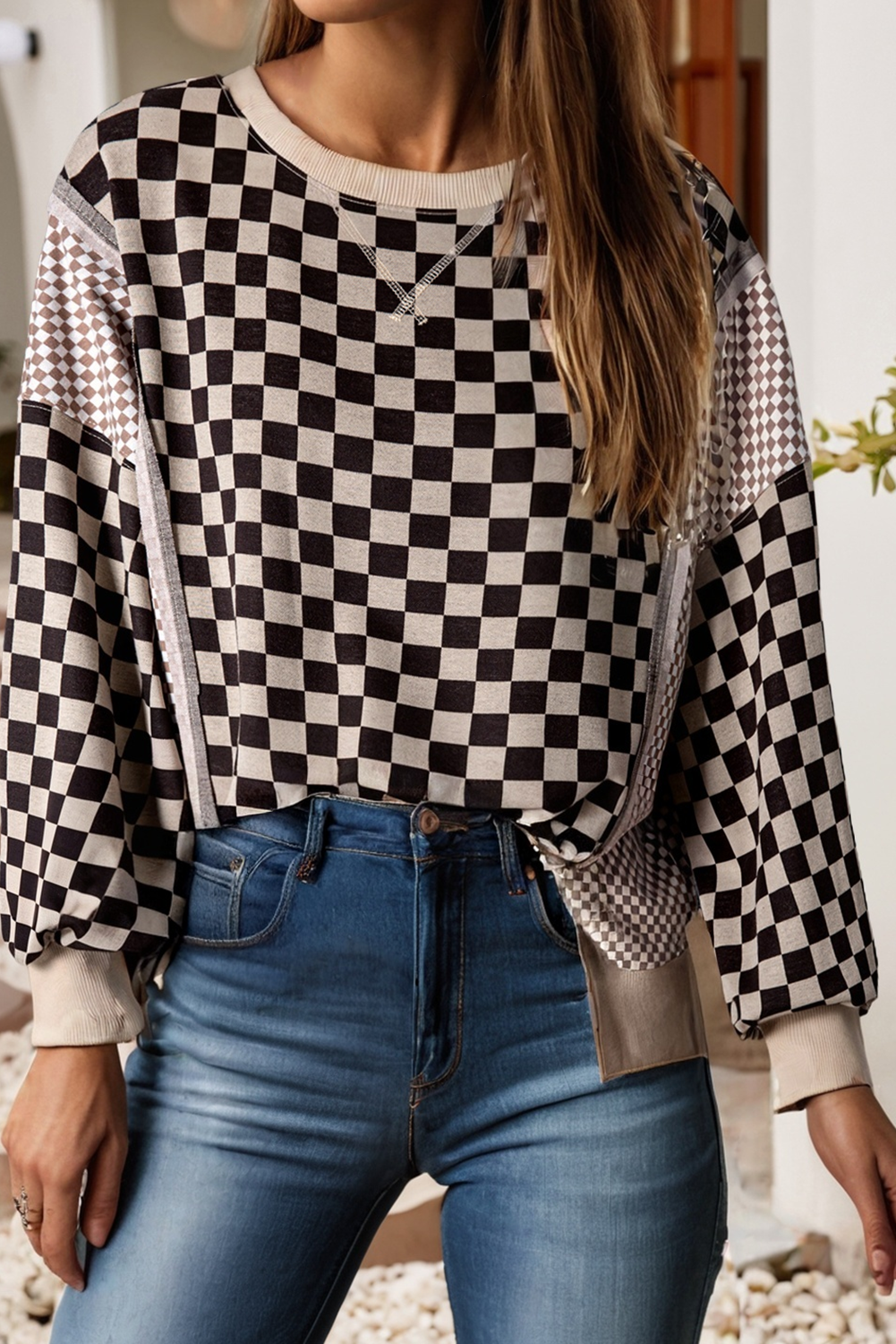 Mixed Checkered Pattern Patchwork High Low Casual Top