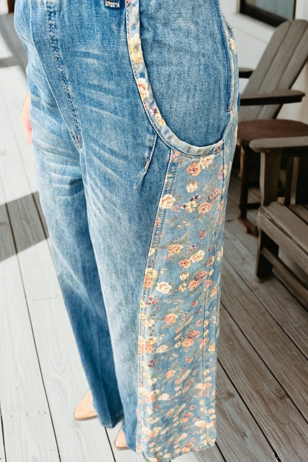 Floral Patchwork Bib Denim Wide Leg Overalls