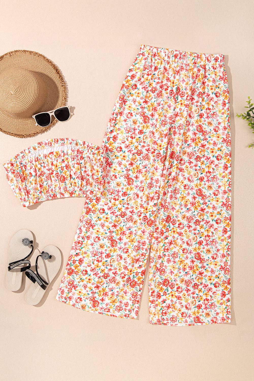 Pink Boho Floral Bandeau Top and High Waist Wide Leg Pants Set