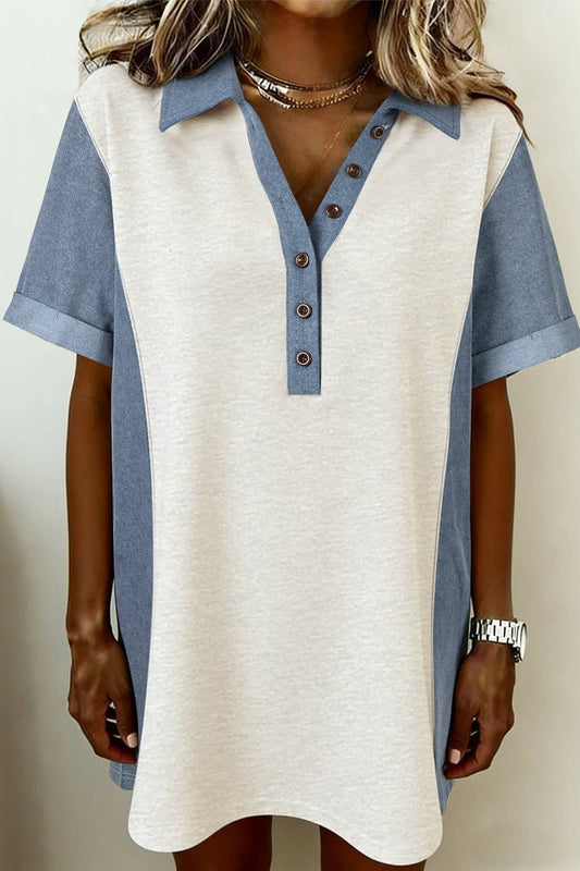 Light Grey Denim Color Block Button Polo Collar T Shirt Tunic Dress