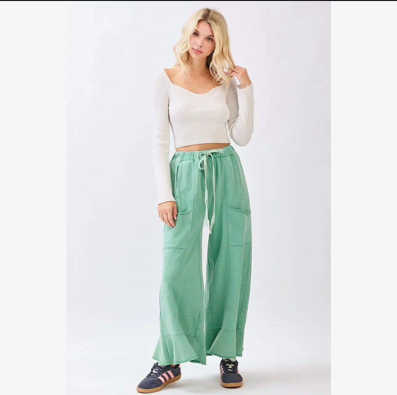 Mineral Wash French Terry Ruffle Wide Leg Pants