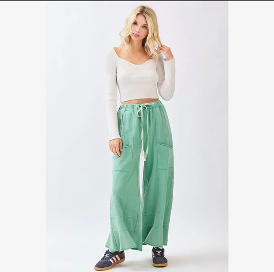 Mineral Wash French Terry Ruffle Wide Leg Pants