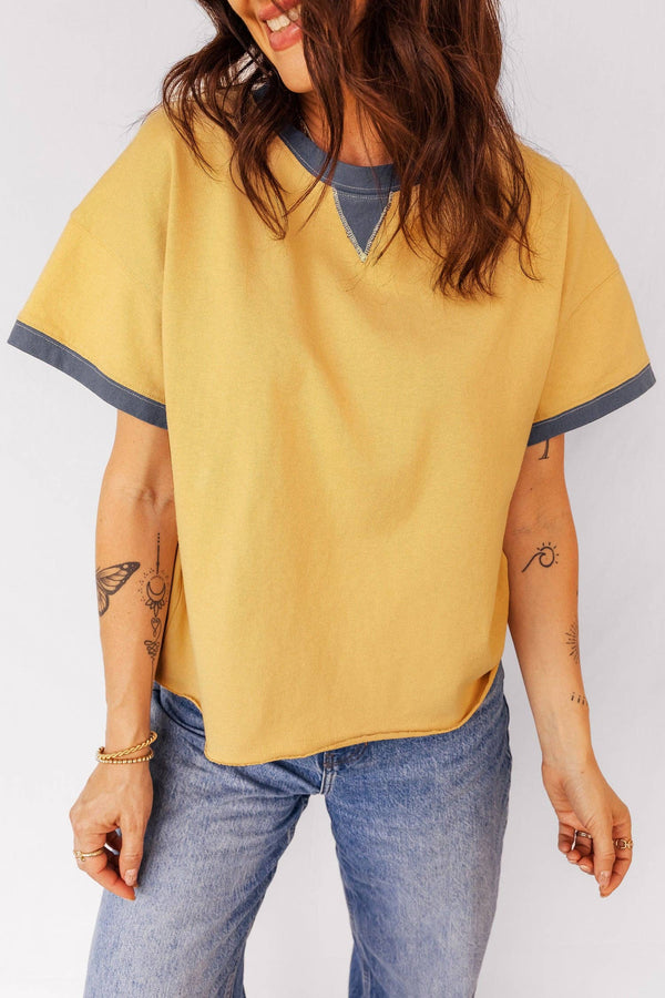 Banana Cream Contrast Trim Raw Hemline Short Sleeve Loose Top