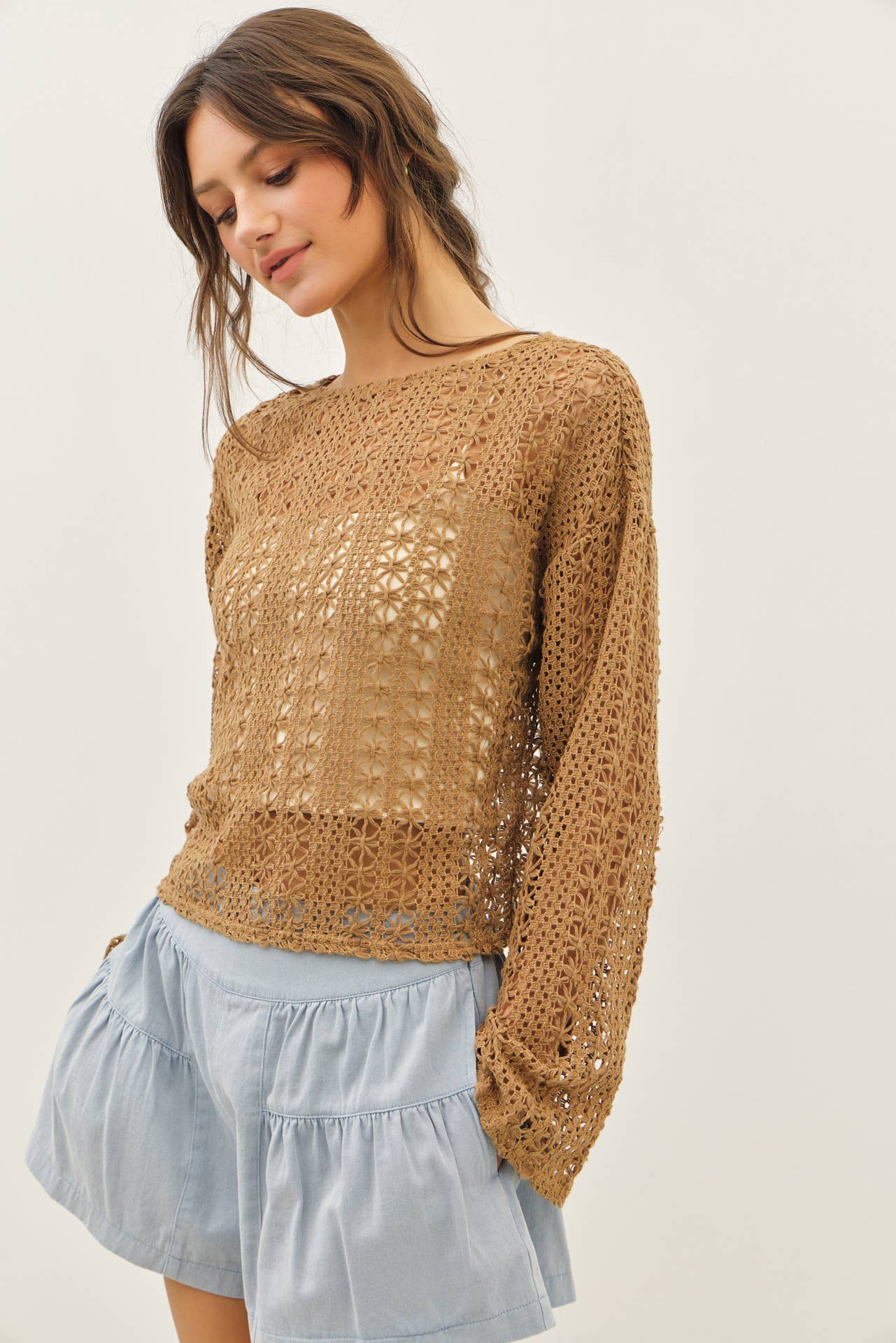 SHEER FLORAL CROCHET TOP WITH BELL SLEEVES