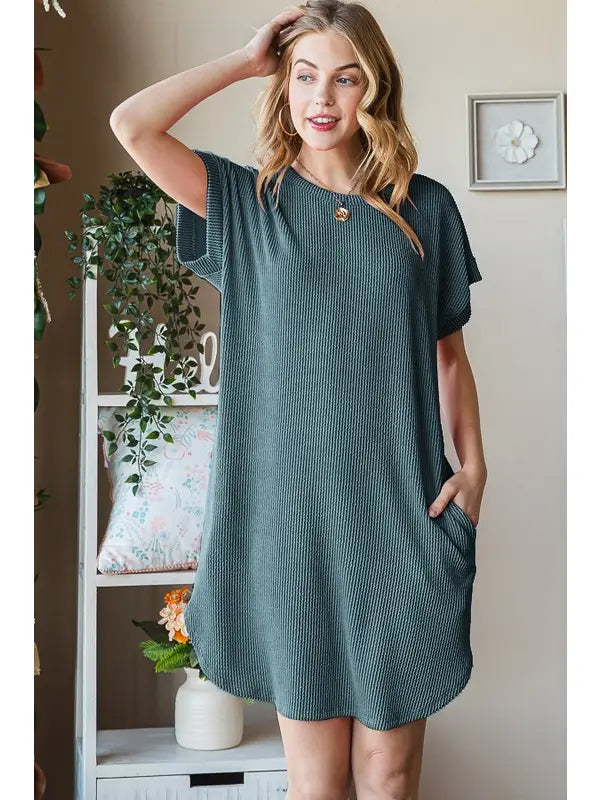HUNTER GREEN HEIMISH RIBBED SHIRT DRESS