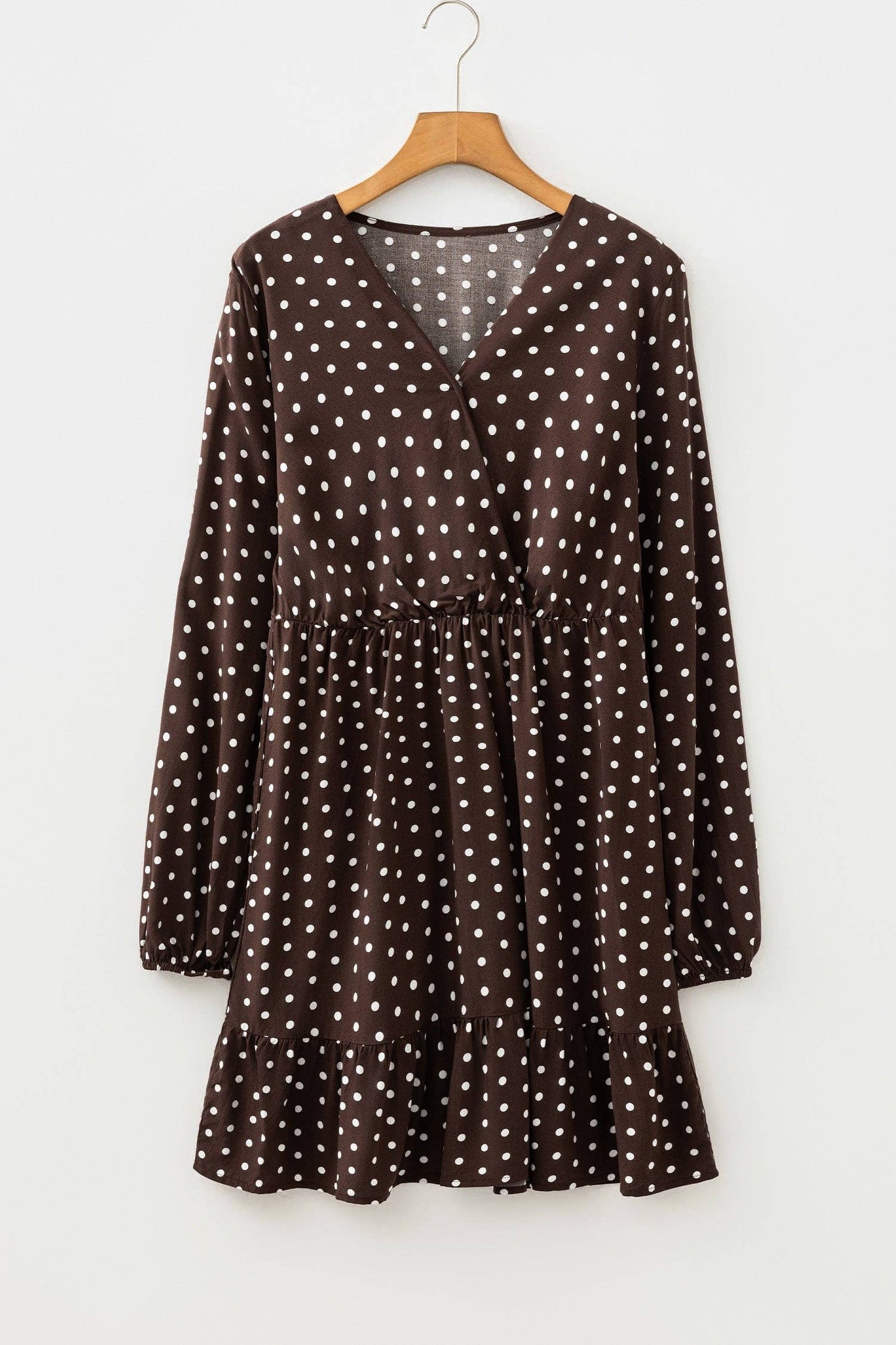 Chicory Coffee Polka Dot Long Sleeve Wrap V Neck Ruffle Hem Mini Dress