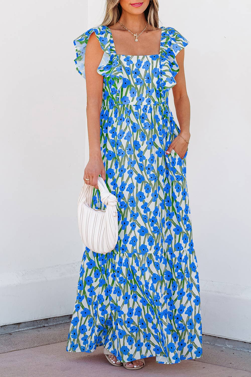 Floral Print Square Neck Ruffled Strap Maxi Dress