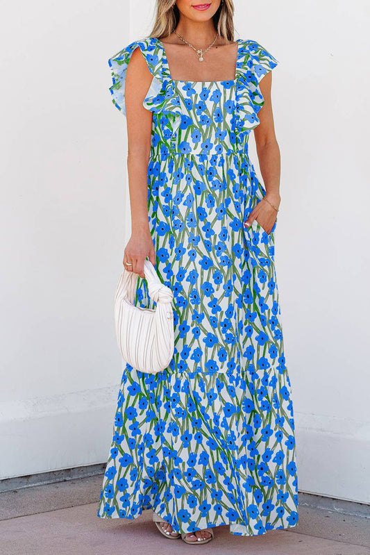 Floral Print Square Neck Ruffled Strap Maxi Dress