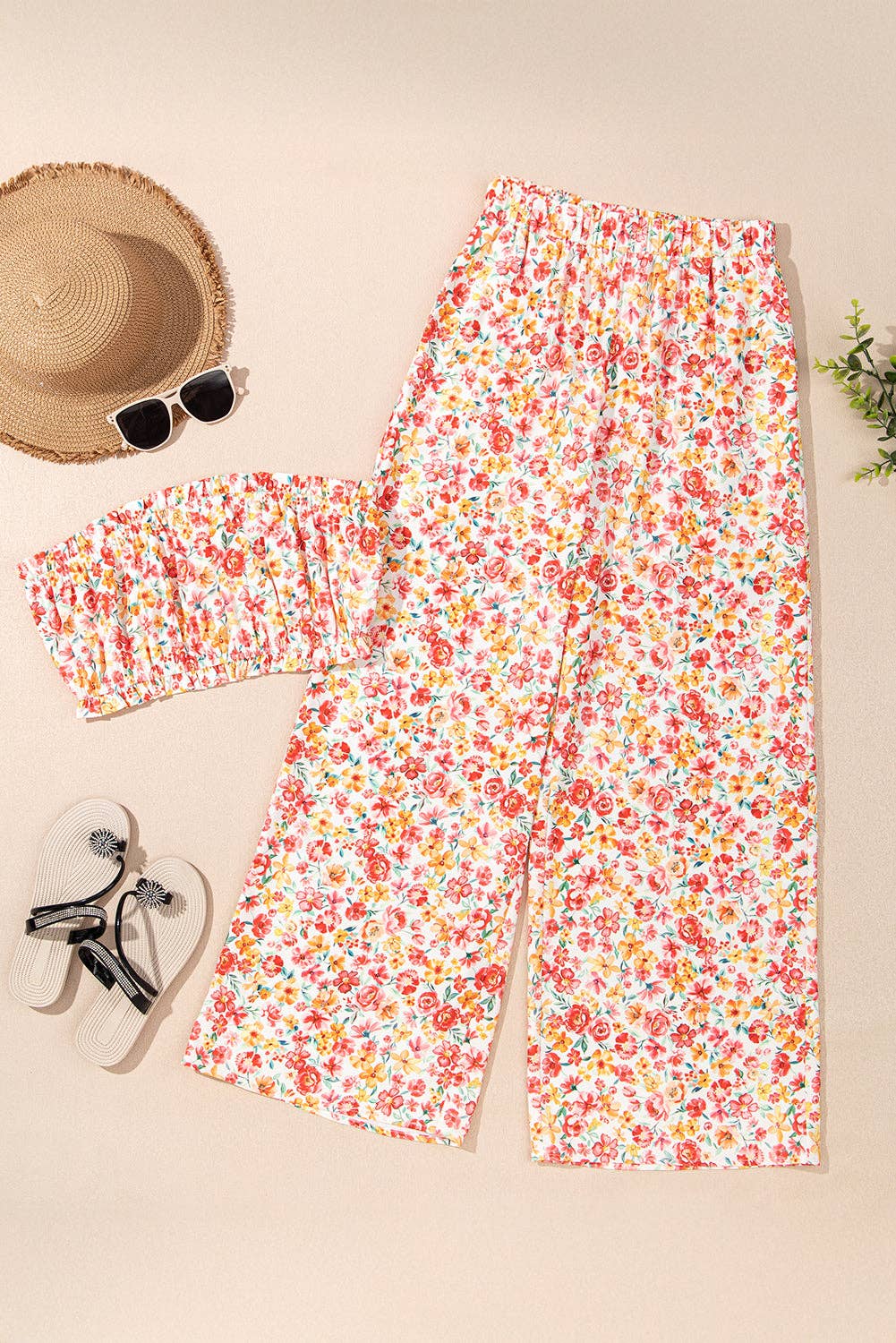 Pink Boho Floral Bandeau Top and High Waist Wide Leg Pants Set