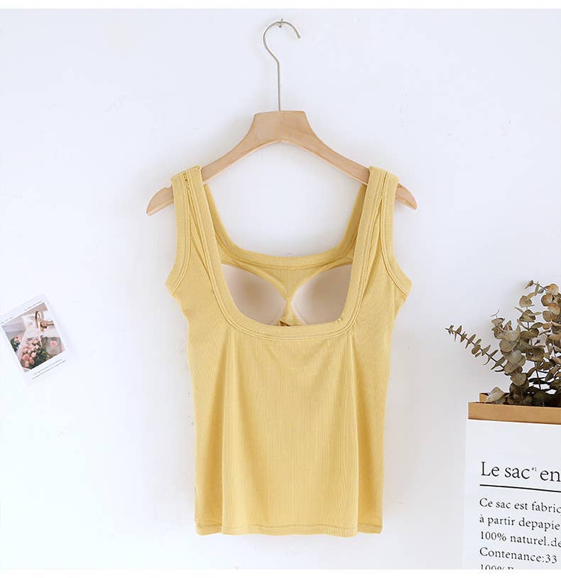 Semi-Sweetheart neck rib knit built-in bra tank top