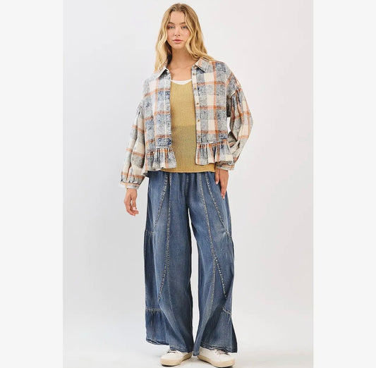 Washed Plaid Ruffle Hem Shirt