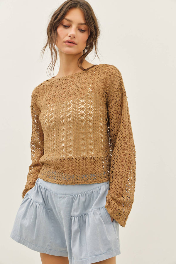SHEER FLORAL CROCHET TOP WITH BELL SLEEVES