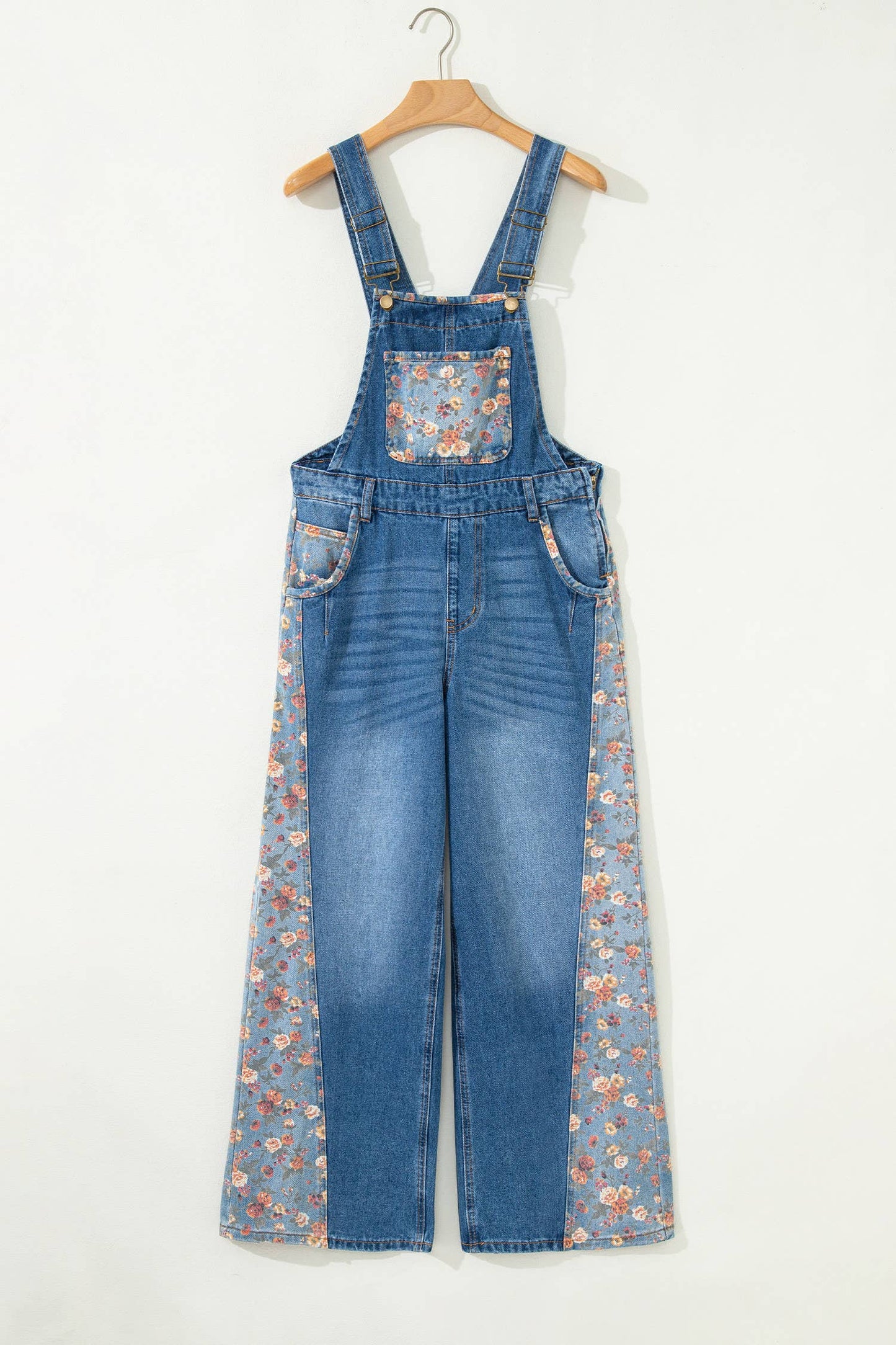 Floral Patchwork Bib Denim Wide Leg Overalls