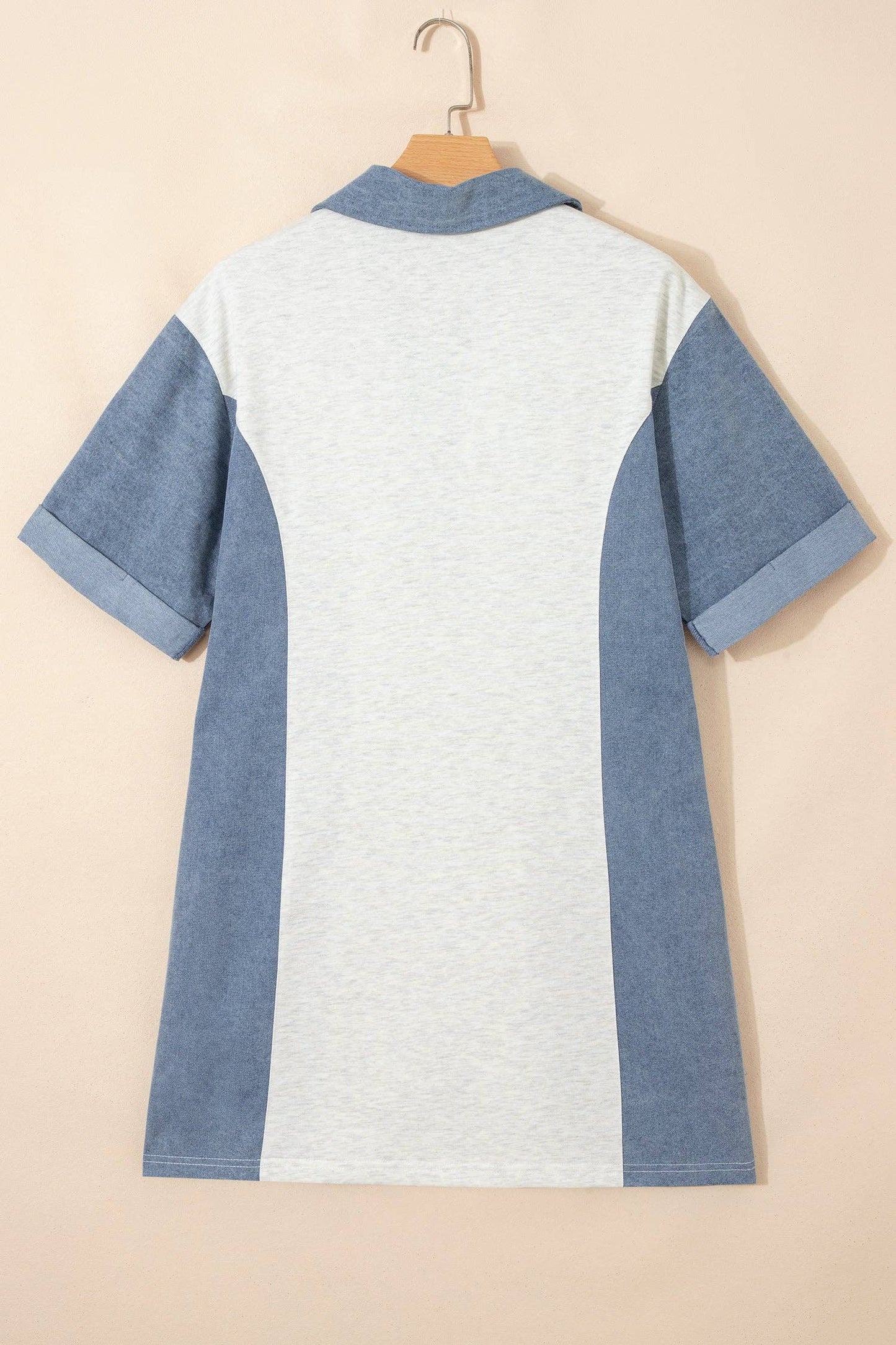 Light Grey Denim Color Block Button Polo Collar T Shirt Tunic Dress