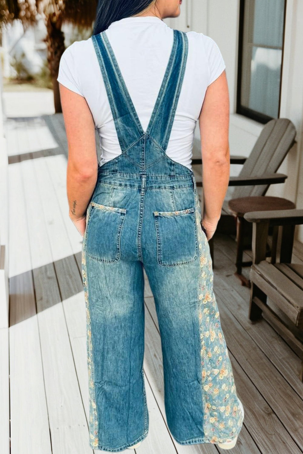 Floral Patchwork Bib Denim Wide Leg Overalls