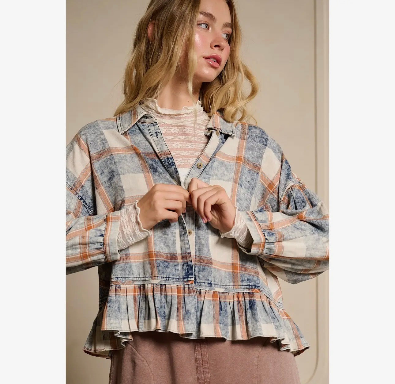Washed Plaid Ruffle Hem Shirt