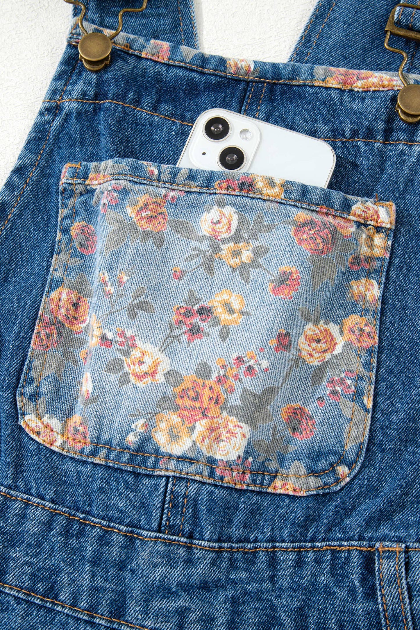 Floral Patchwork Bib Denim Wide Leg Overalls