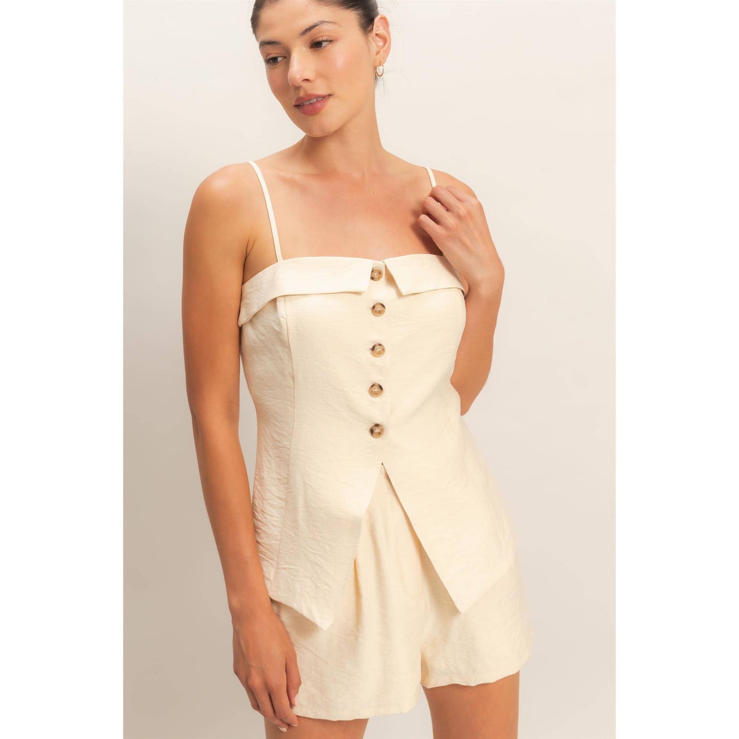 Strap Buttoned Top And Shorts Set