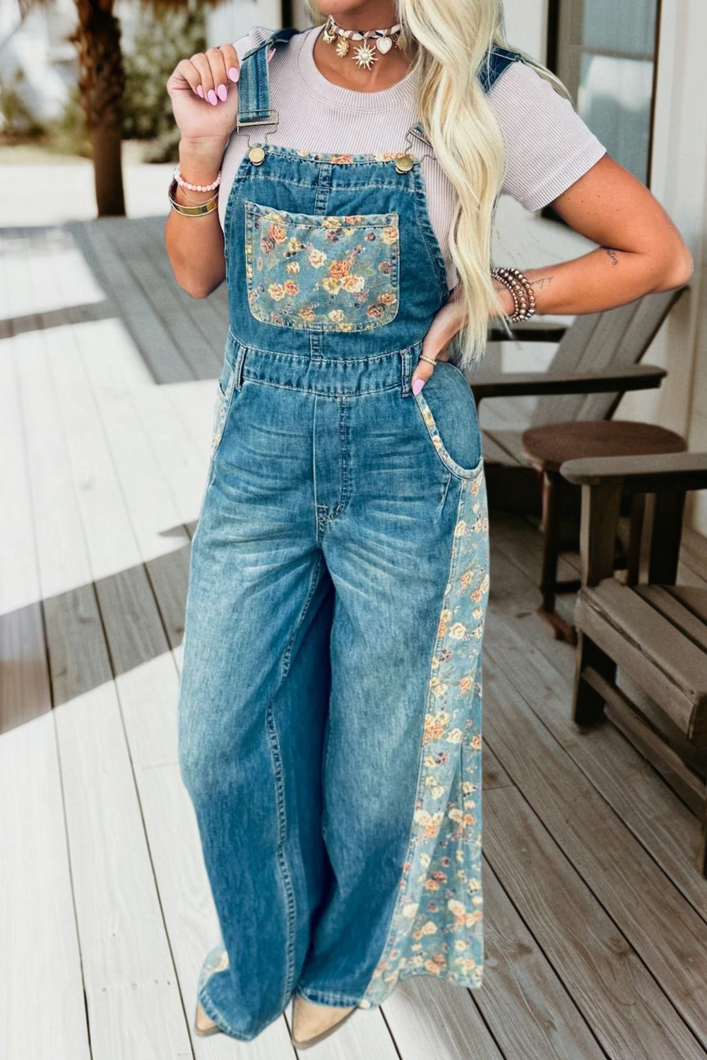 Floral Patchwork Bib Denim Wide Leg Overalls