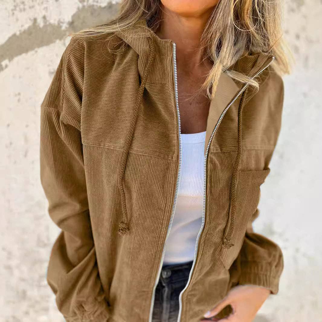 Women Casual Solid Color Corduroy Hoodie Jacket