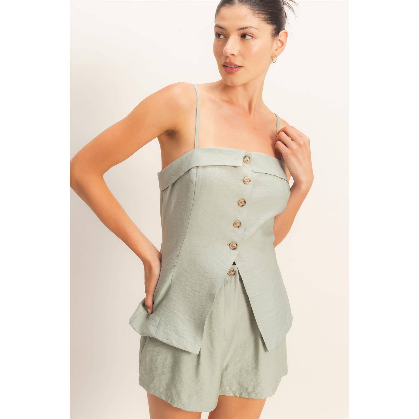 Strap Buttoned Top And Shorts Set