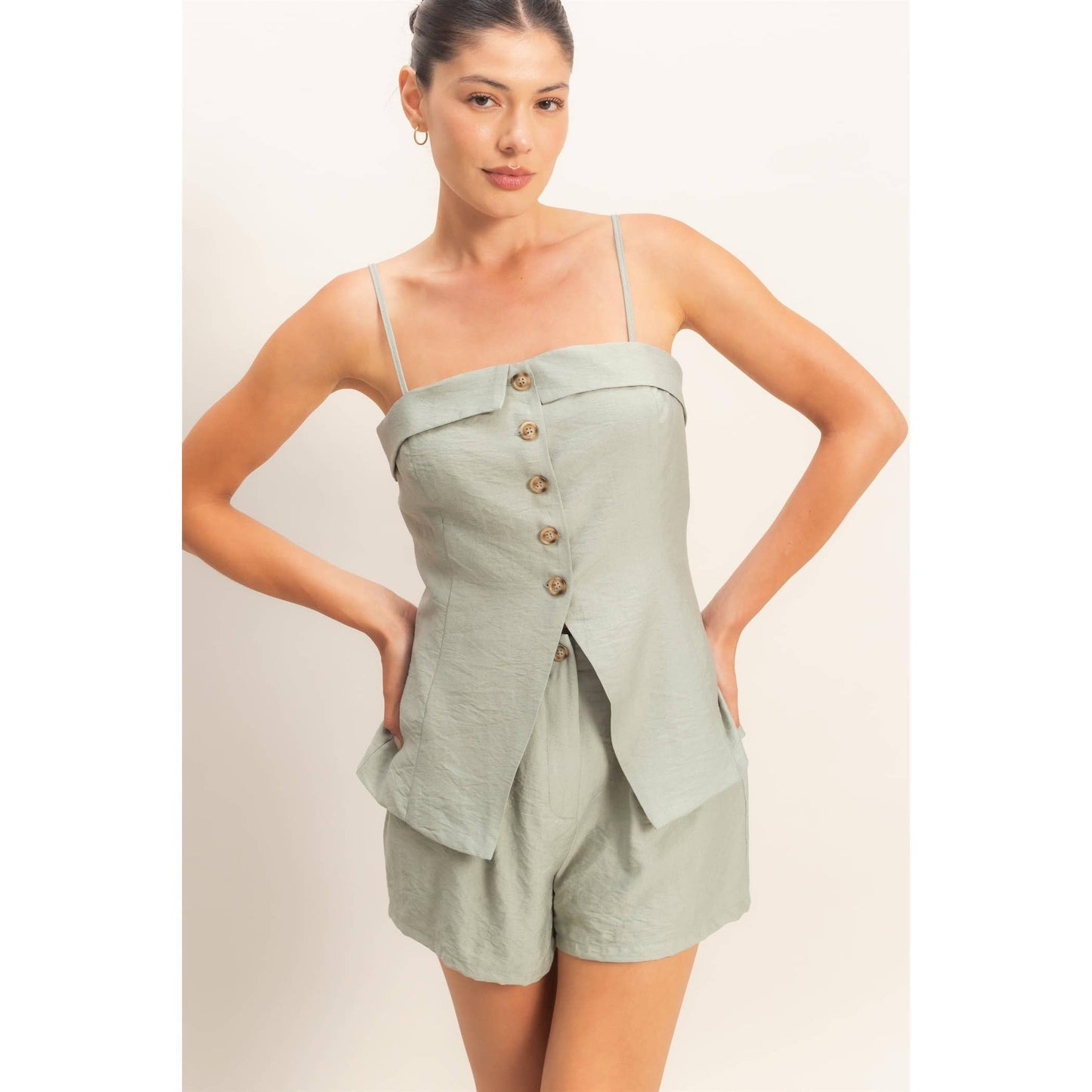 Strap Buttoned Top And Shorts Set