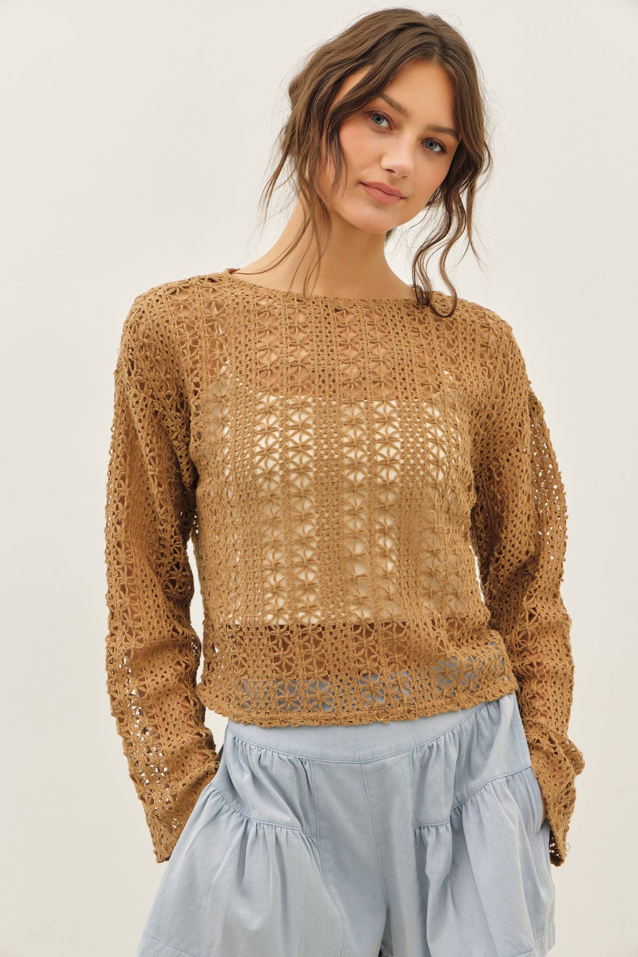 SHEER FLORAL CROCHET TOP WITH BELL SLEEVES