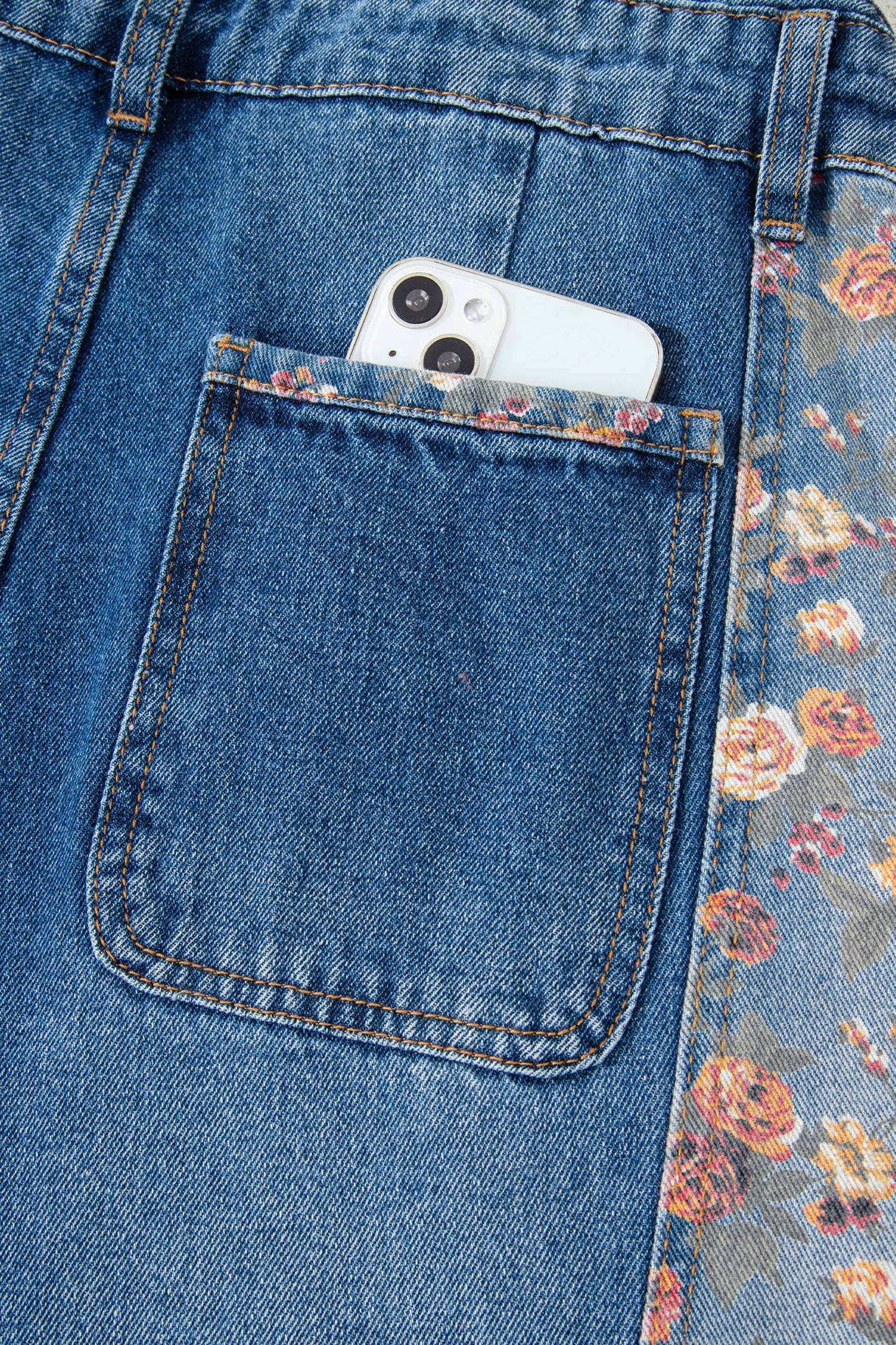 Floral Patchwork Bib Denim Wide Leg Overalls