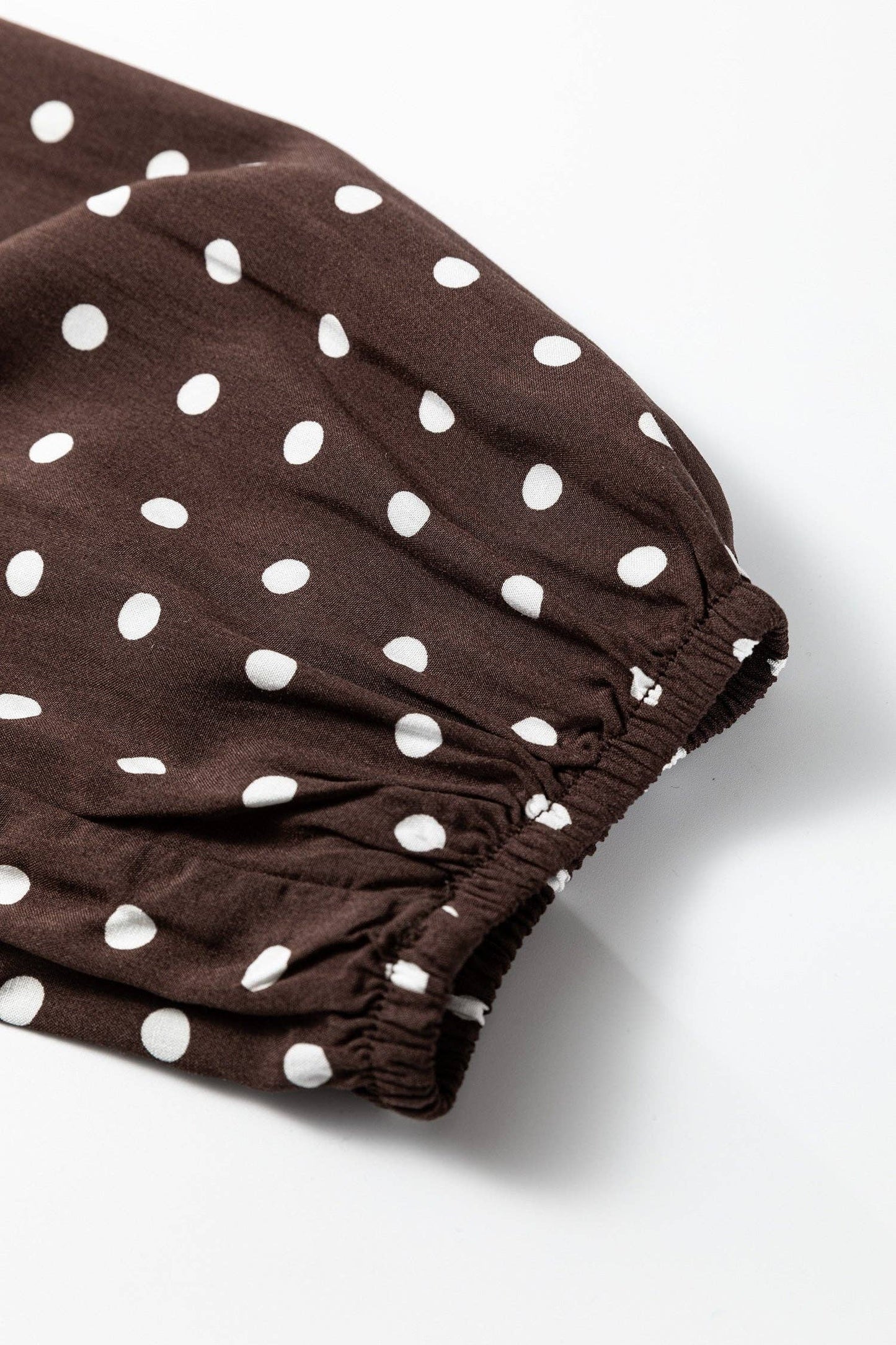 Chicory Coffee Polka Dot Long Sleeve Wrap V Neck Ruffle Hem Mini Dress