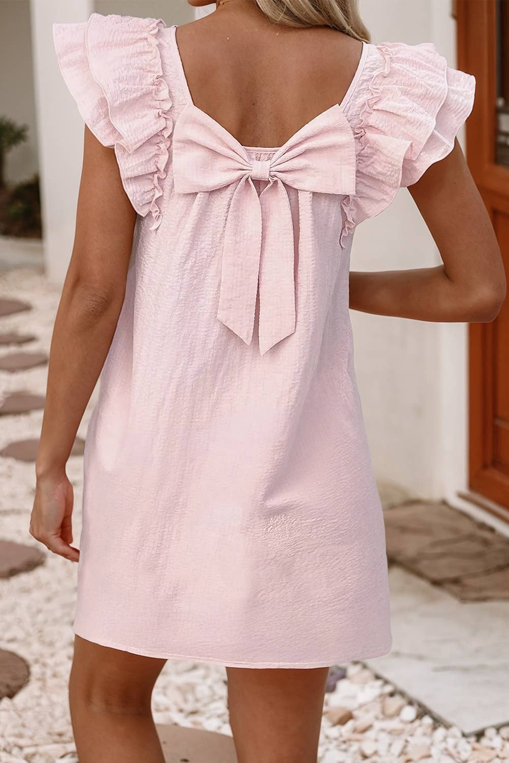 Textured Flutter Sleeve Square Neck Bow Back Mini Dress