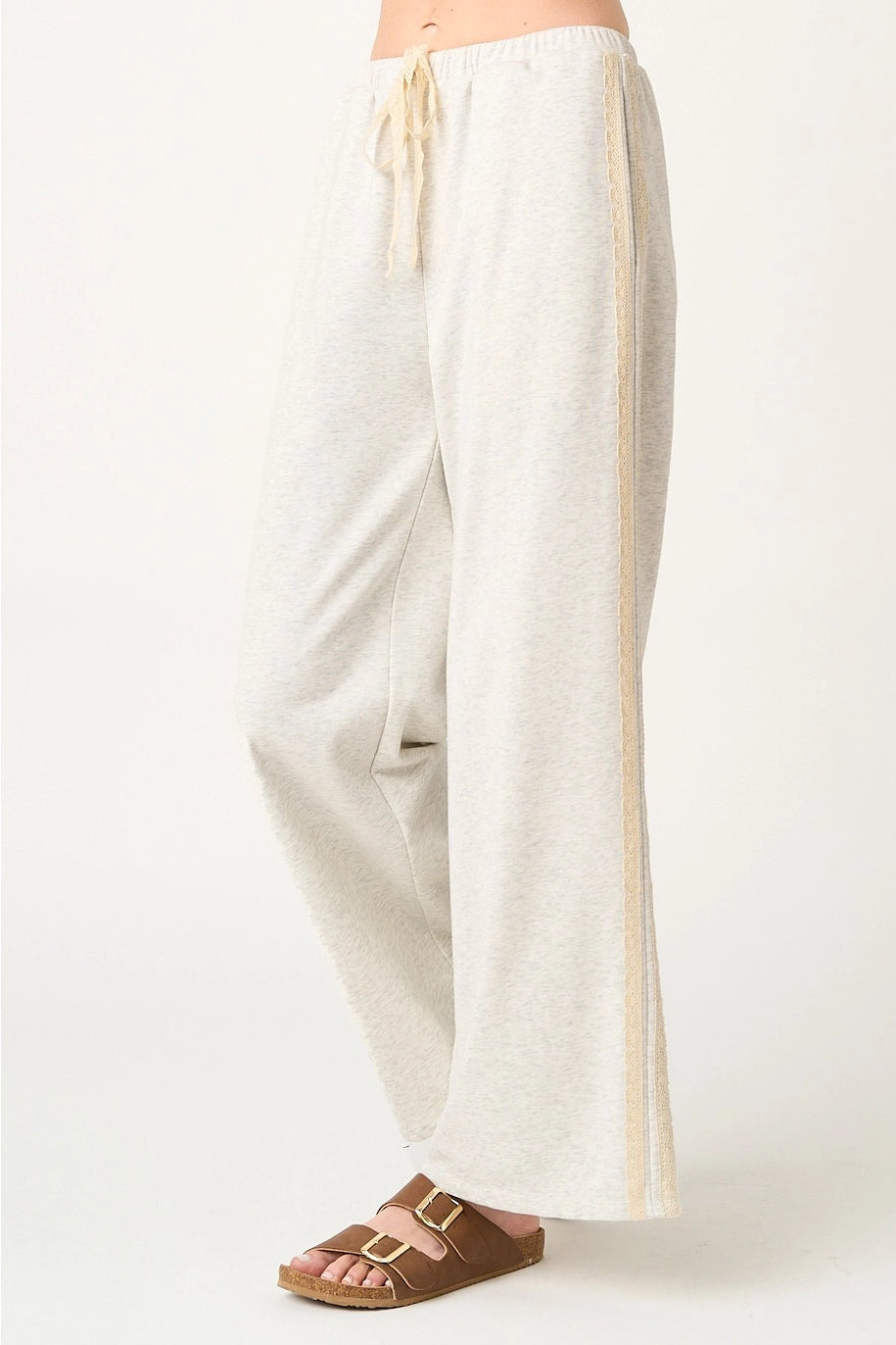 Lace Striped Elastic Waist Pants
