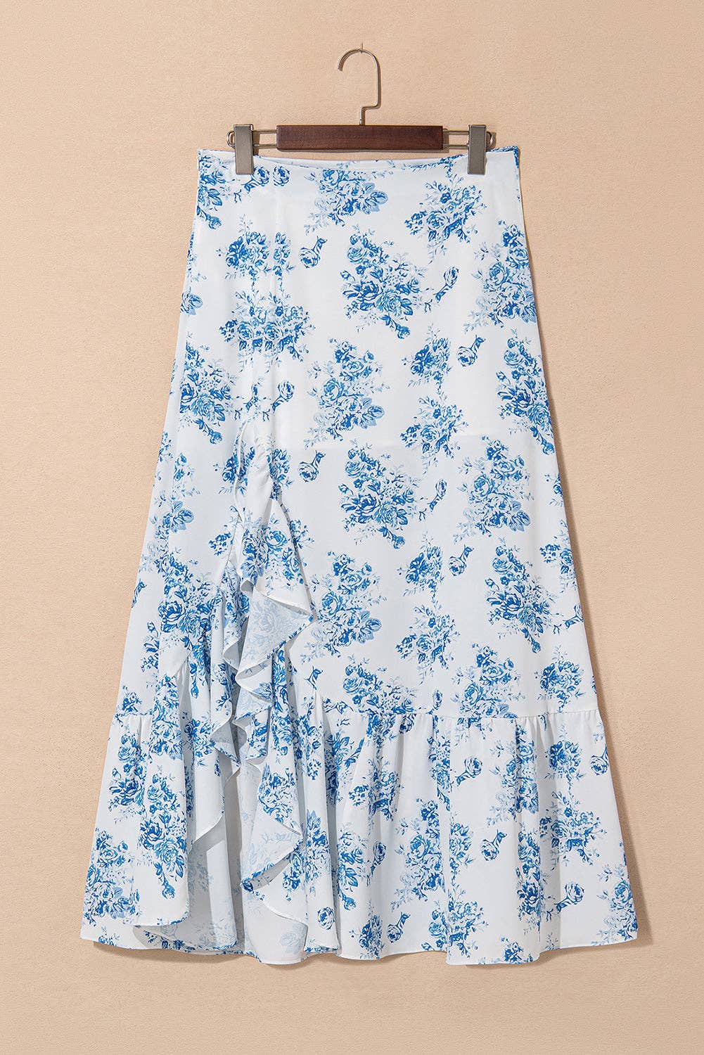 Boho Floral High Waist Ruffle Split Maxi Skirt