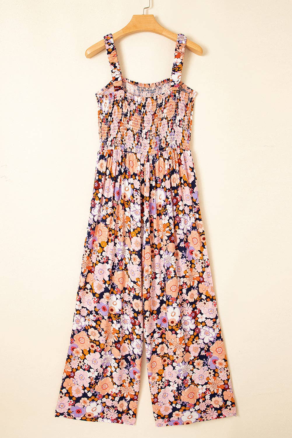 Floral Print Smocked High Waist Square Neck Jumpsuit