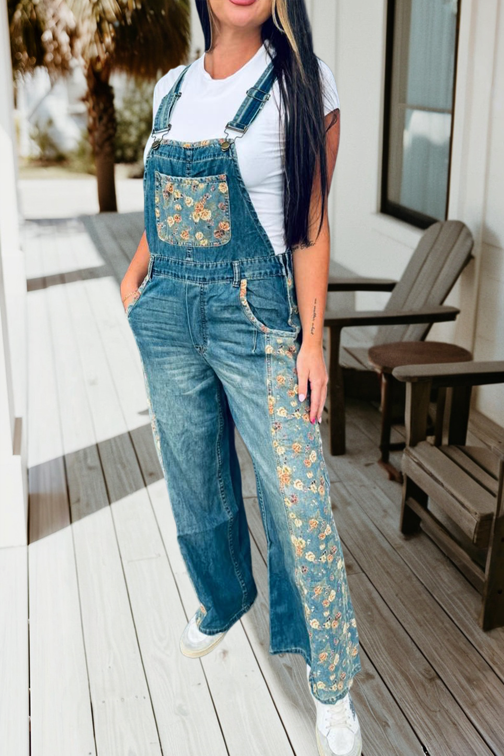 Floral Patchwork Bib Denim Wide Leg Overalls