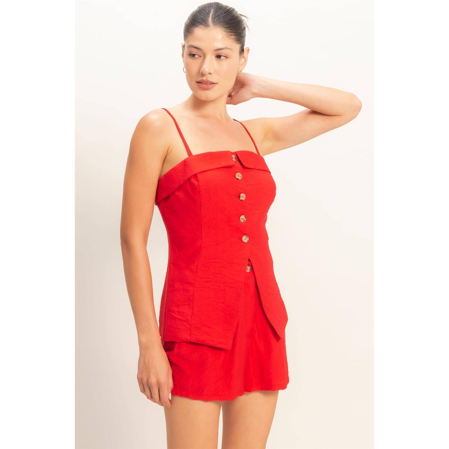 Strap Buttoned Top And Shorts Set