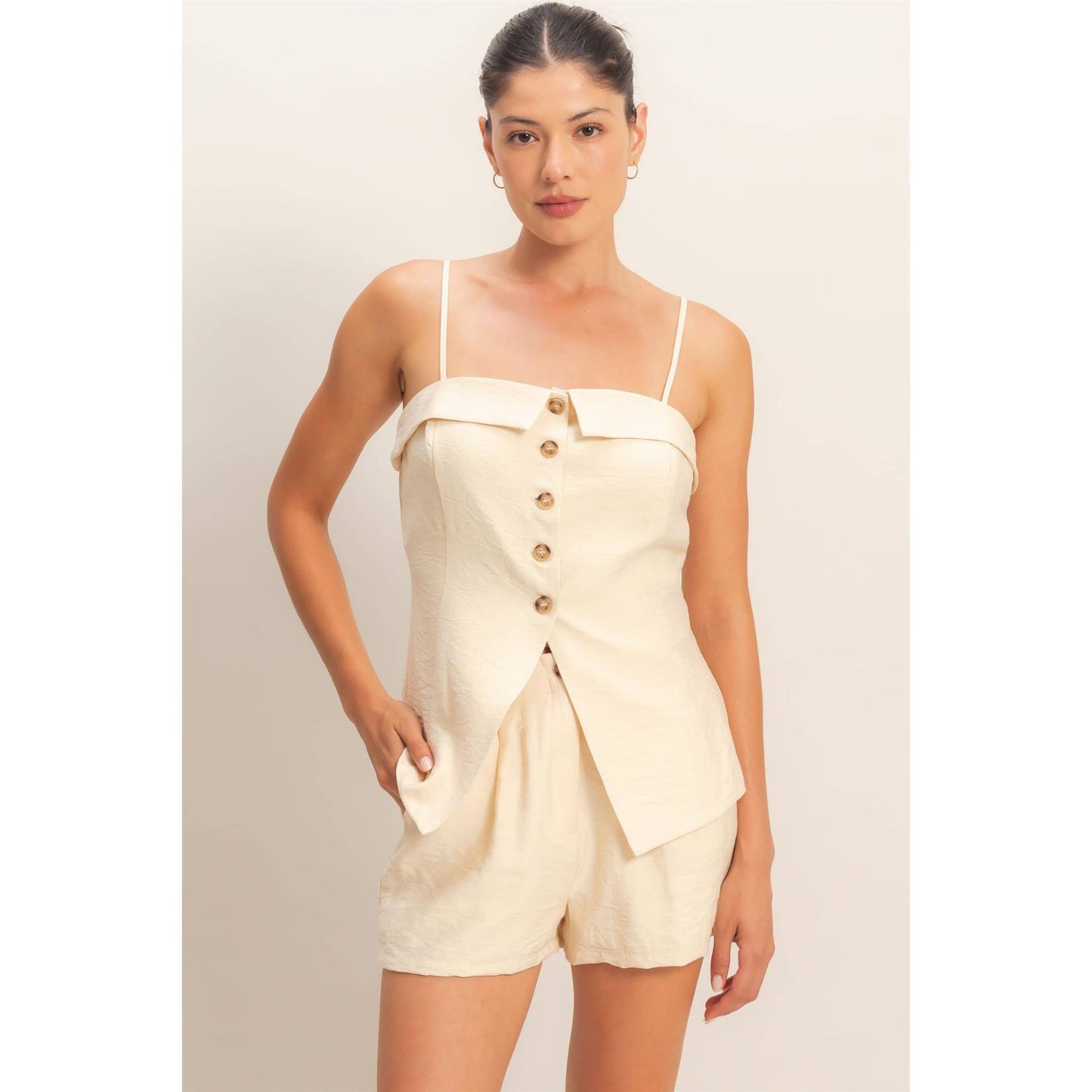 Strap Buttoned Top And Shorts Set
