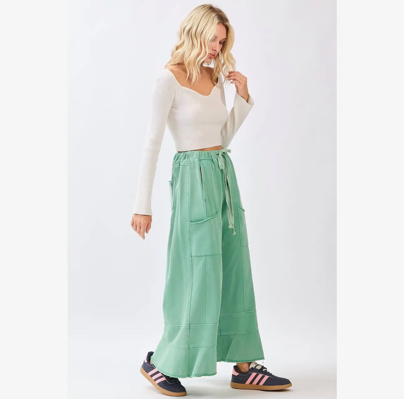 Mineral Wash French Terry Ruffle Wide Leg Pants